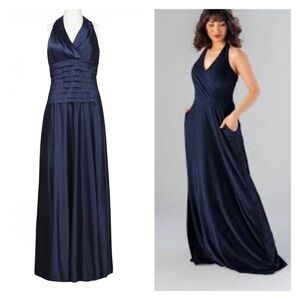 JS COLLECTIONS Navy Blue Halter Pleated Satin Formal Maxi Gown Size 10